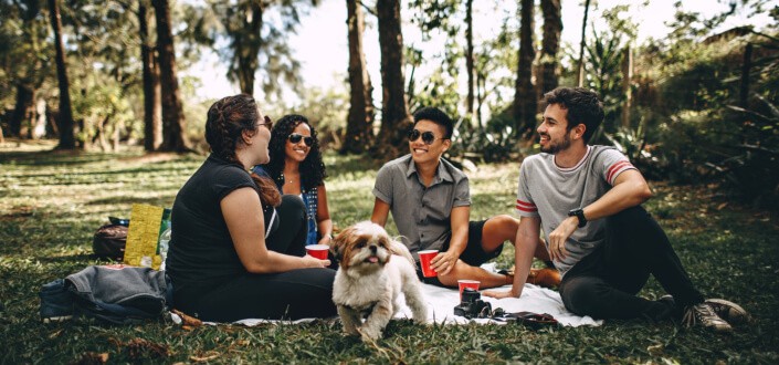 Friends in a picnic with a dog