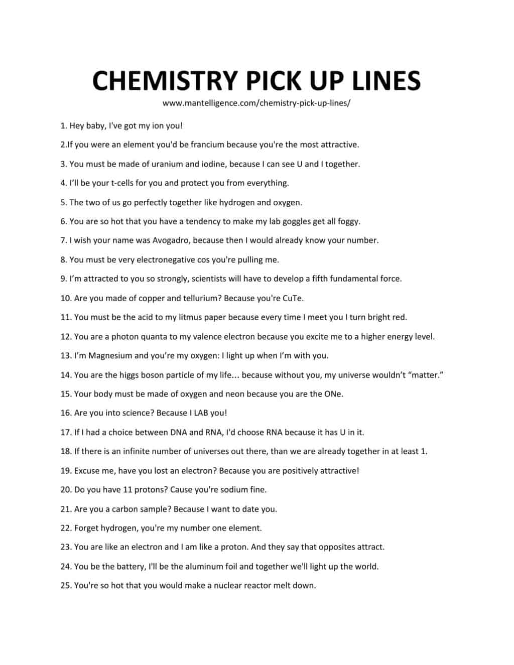 Downloadable and printable jpg/pdf list of chemistry pick up lines