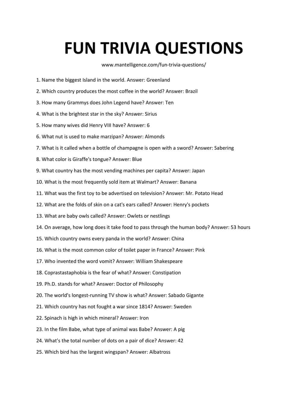 Downloadable and Printable List of Fun Trivia Questions