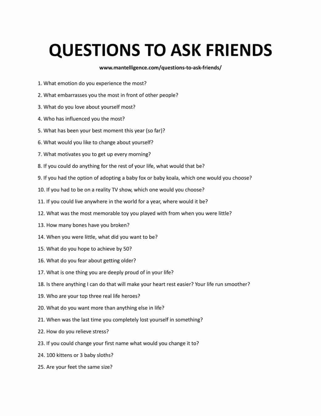 Downloadable and Printable list of Questions T
