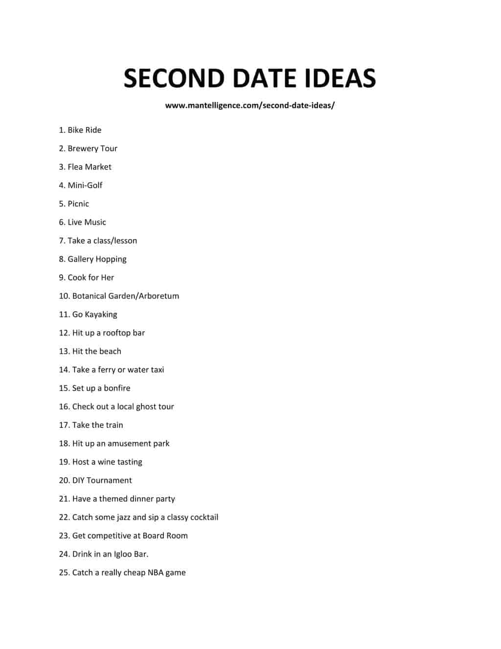 Downloadable list of SECOND DATE IDEAS